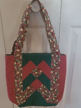 Quilted Green and Red Patchwork Tote Bag with Patterned Straps